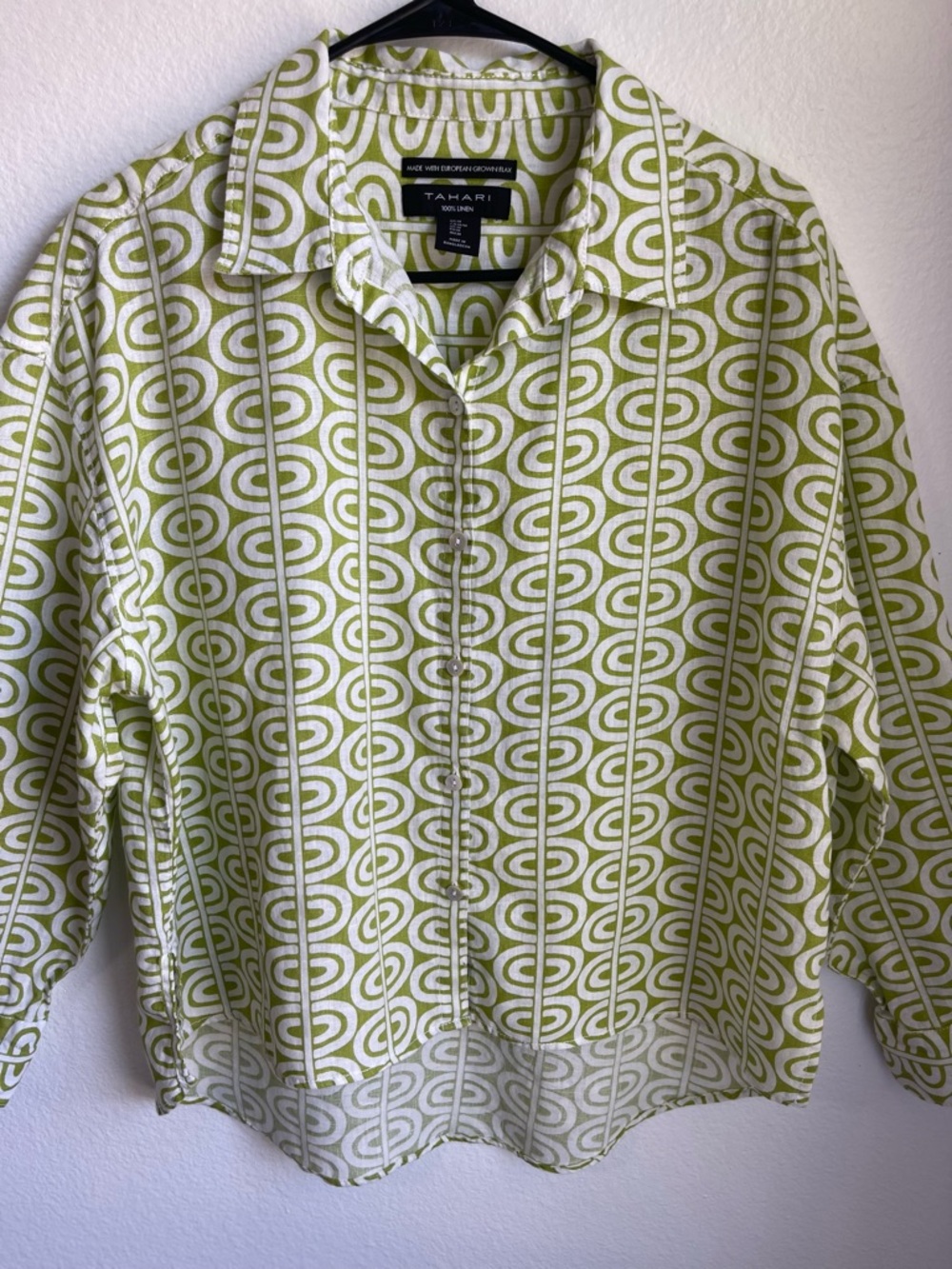 Tahari Lime Green Geometric Linen Button-Up Shirt Size M - Picture 3 of 12